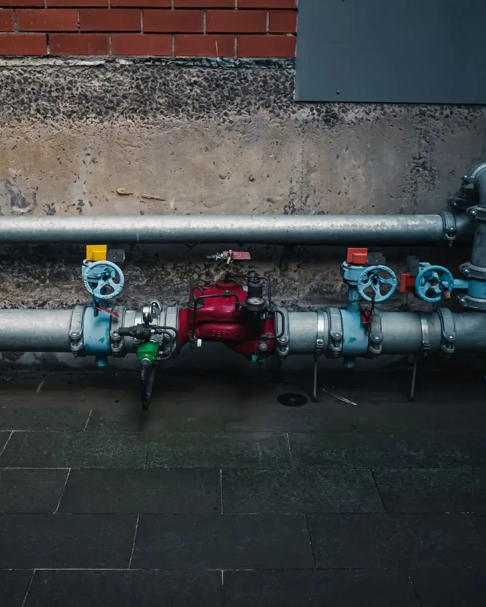 Industrial pipework and valves in a plant room